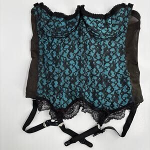 Fredericks of Hollywood Boned Bustier Corset Blue Black Lace Size 38 VTG Union